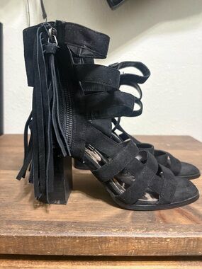 Carlos by Carlos Santana Black Suede Strappy Fringe Block Heel Sandals